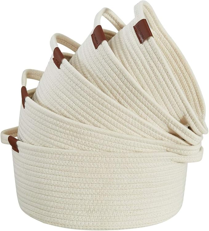 Foldable Round Storage Bin Rugged Cotton Rope Oval Container with Handles Great for