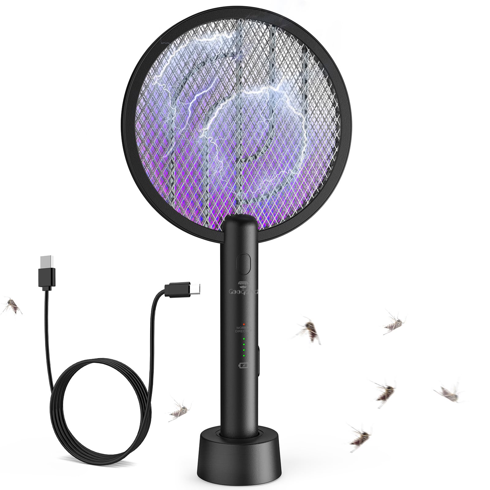 GooQand Electric Fly Swatter Rechargeable, 4000V Bug Zapper Electronic with USB 2-in-1 Fly Zapper Racket, Handy Mosquito Killer with 3-Layer Mesh Protection for Indoor and Outdoor Camping