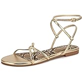 LOOPCHARM Women's Flat Sandals Strappy Open Round Toe Lace Up Shoes with Adjustable Ankle Strap for Summer