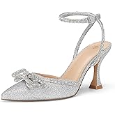 mysoft Women's Rhinestone Bow Pumps Wedding Dress Shoes Pointed Toe Ankle Strap Kitten Heels