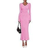 ZESICA Women's 2026 Spring Sweater Dress Long Sleeve V Neck Ribbed Knit Party Cocktail Bodycon Maxi Dresses