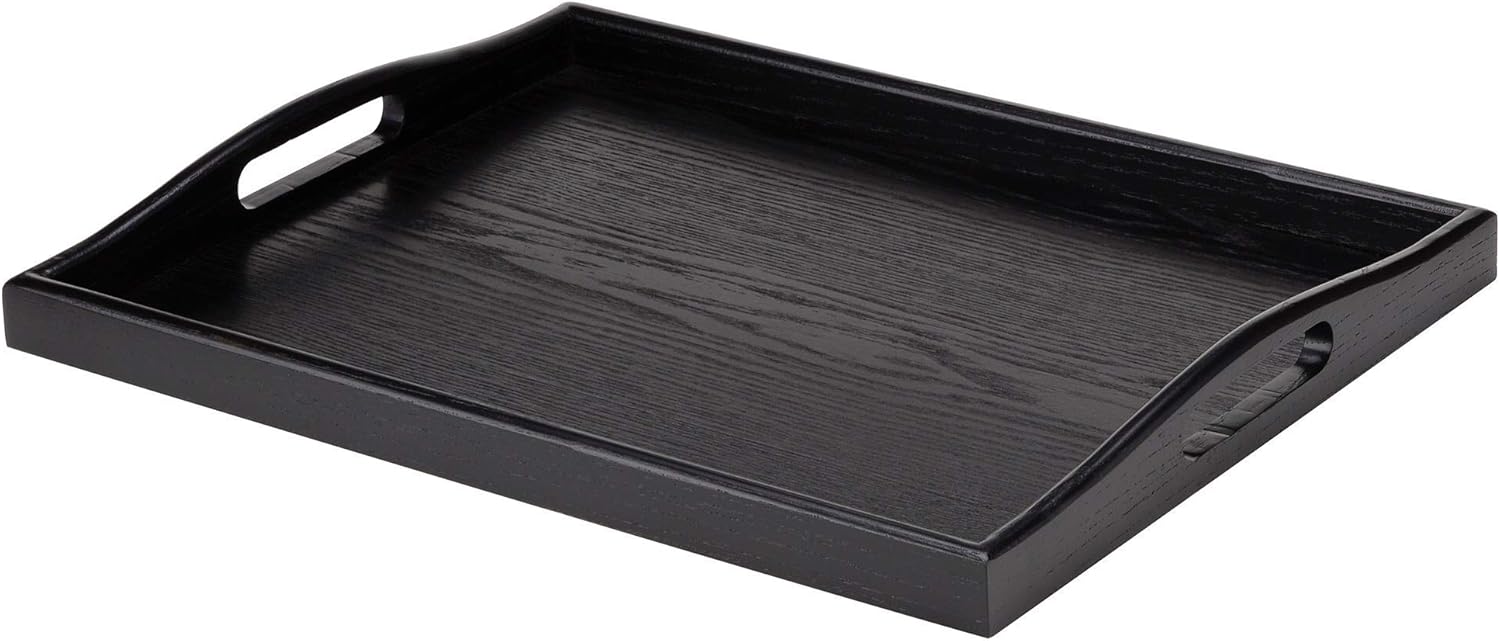 Wild Solutions Black Serving Tray Large Wood Rectangle Decorative Ottoman Food Butler Tray with Cutout Handles  - 17.7 in x 13.8 in x 1.8 in
