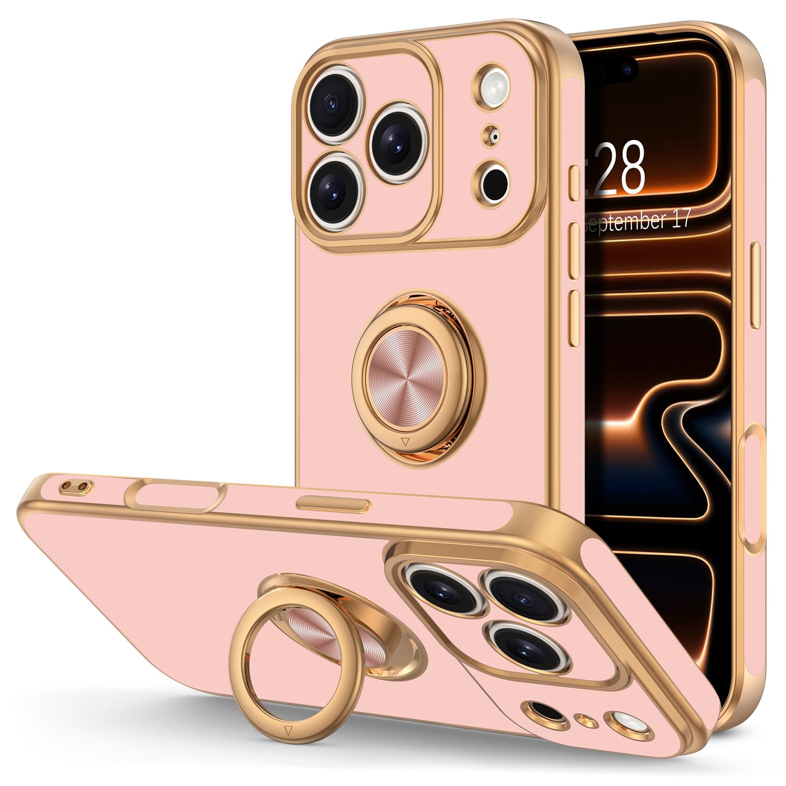 Hython for iPhone 17 Pro Max Case with Ring Stand, 360° Rotatable Ring Holder Magnetic Kickstand, Plating Rose Gold Edge Soft Cover Protective Phone Case for iPhone 17 Pro Max 6.9", Pink