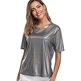 WUDODO Women's Shiny Tops Holographic Metallic Shirts Sparkles Ultra Soft Glitter Blouse