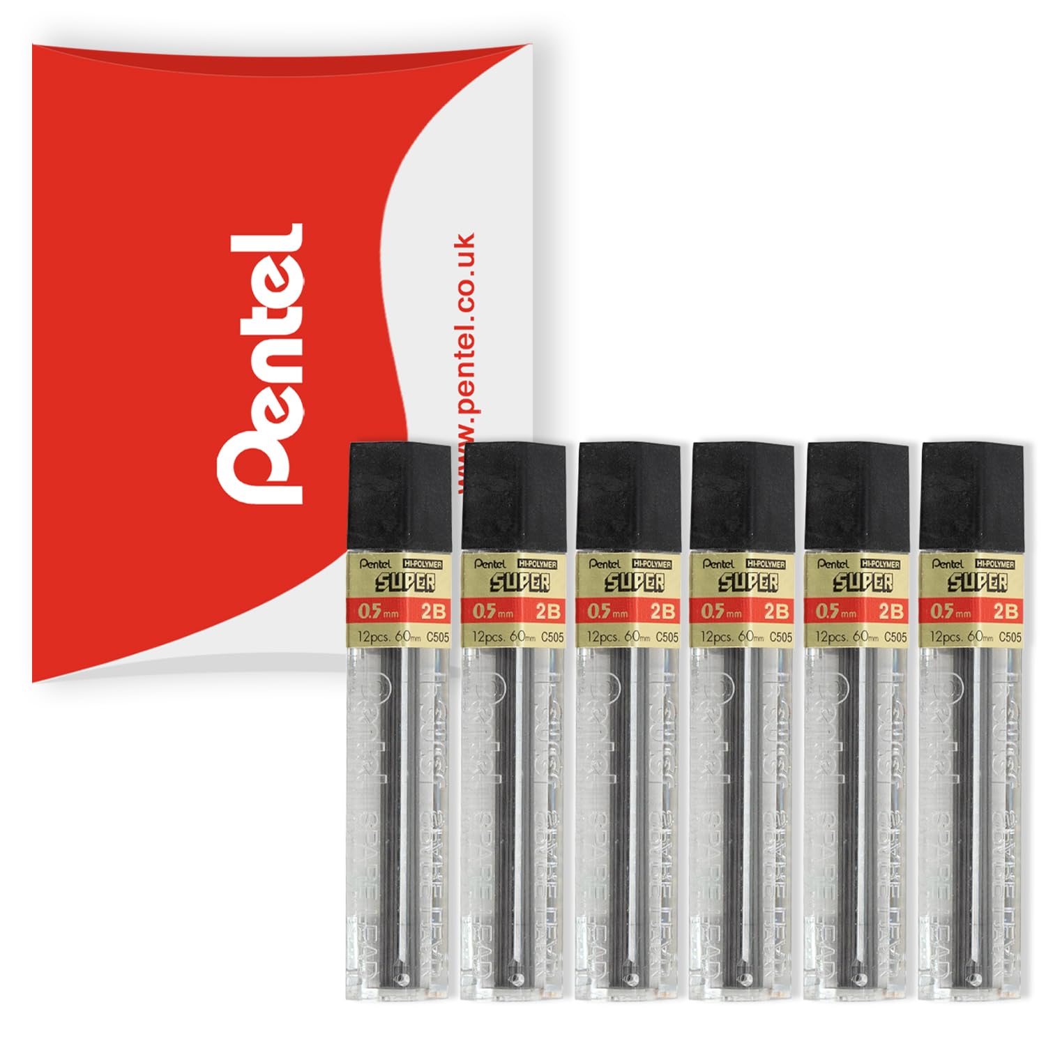 Pentel Super Hi-Polymer Mechanical Refill Leads - for Automatic/Mechanical Pencils - in Pillow Packaging (0.5mm 2B, Pack of 6)