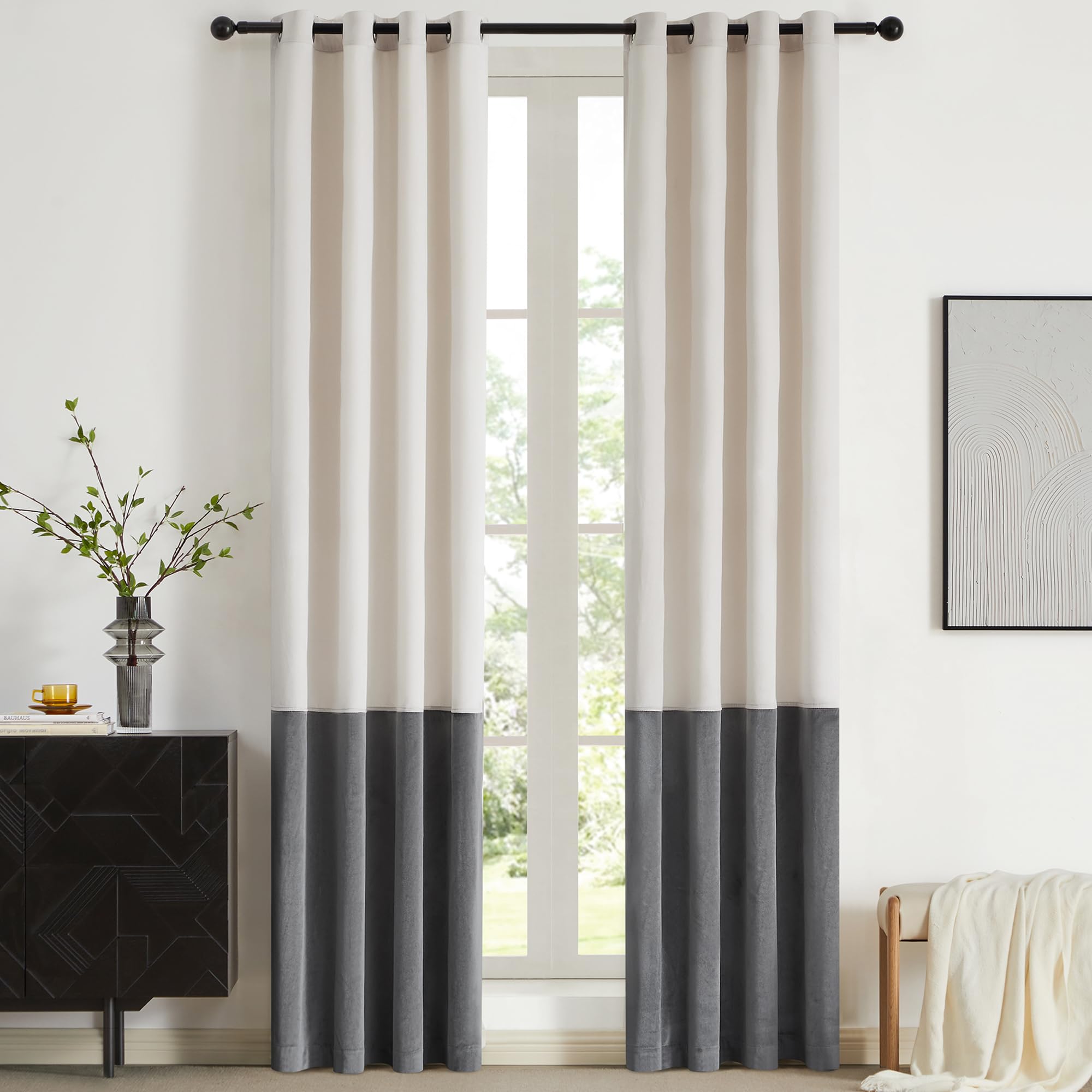 Cream Ivory Grey Velvet Curtains 72 inch Color Block Luxury Modern Room Darkening Living Room Curtain Light Blocking Thermal Insulated Soundproof Energy Saving Privacy Drapes for Bedroom Set of 2