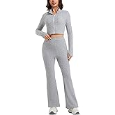 Juivesia Womens 2 Piece Ribbed Knit Lounge Set Zip Up Crop Top High Waisted Flare Pants Cozy Fall Winter Matching Outfits