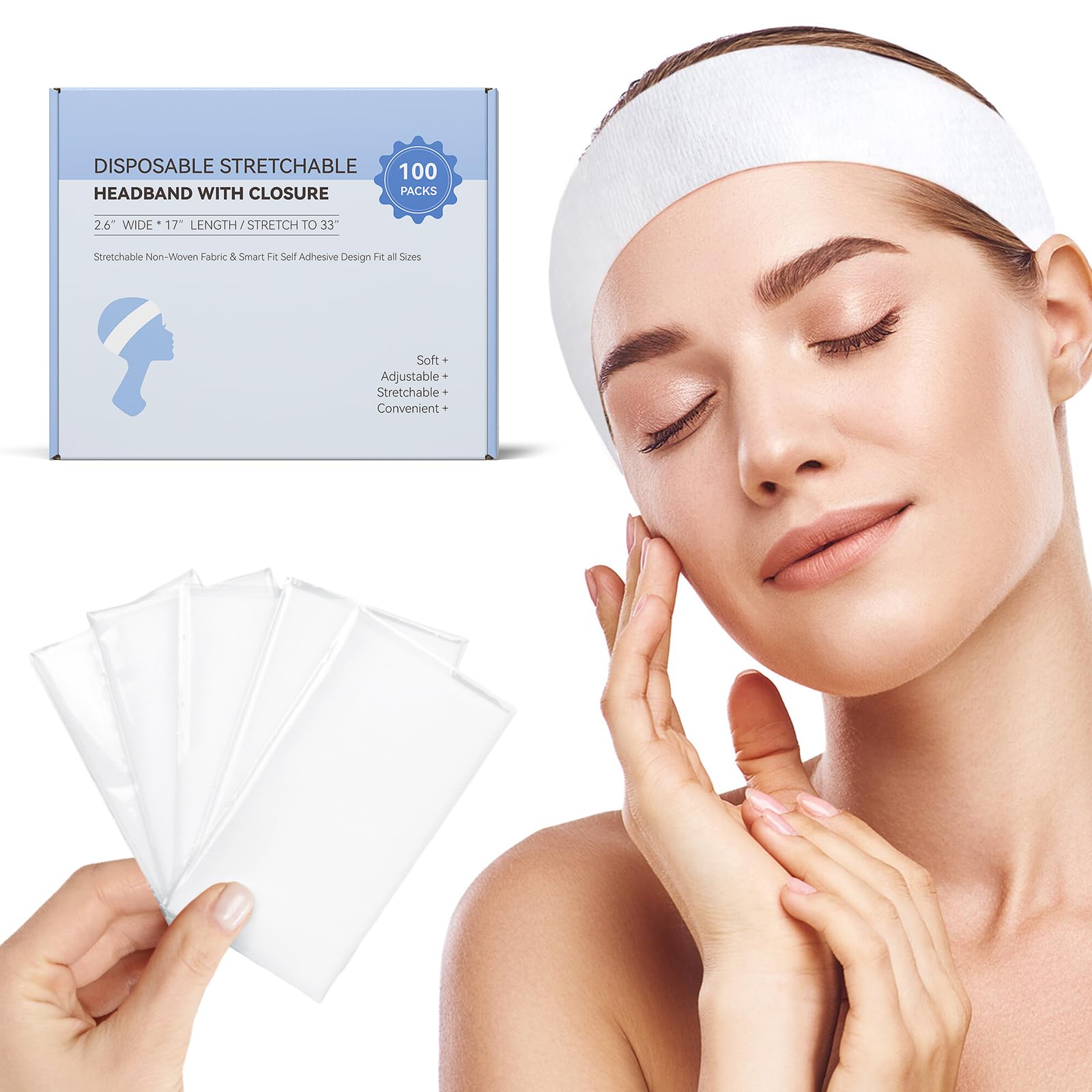 Photo 1 of 100 Count Disposable Headbands for Spa Headband for Washing Face Individually Wrapped Headbands for Women, Non-woven Fabric Facial Headband, Esthetician Supplies Makeup Artists & Salon Professionals
