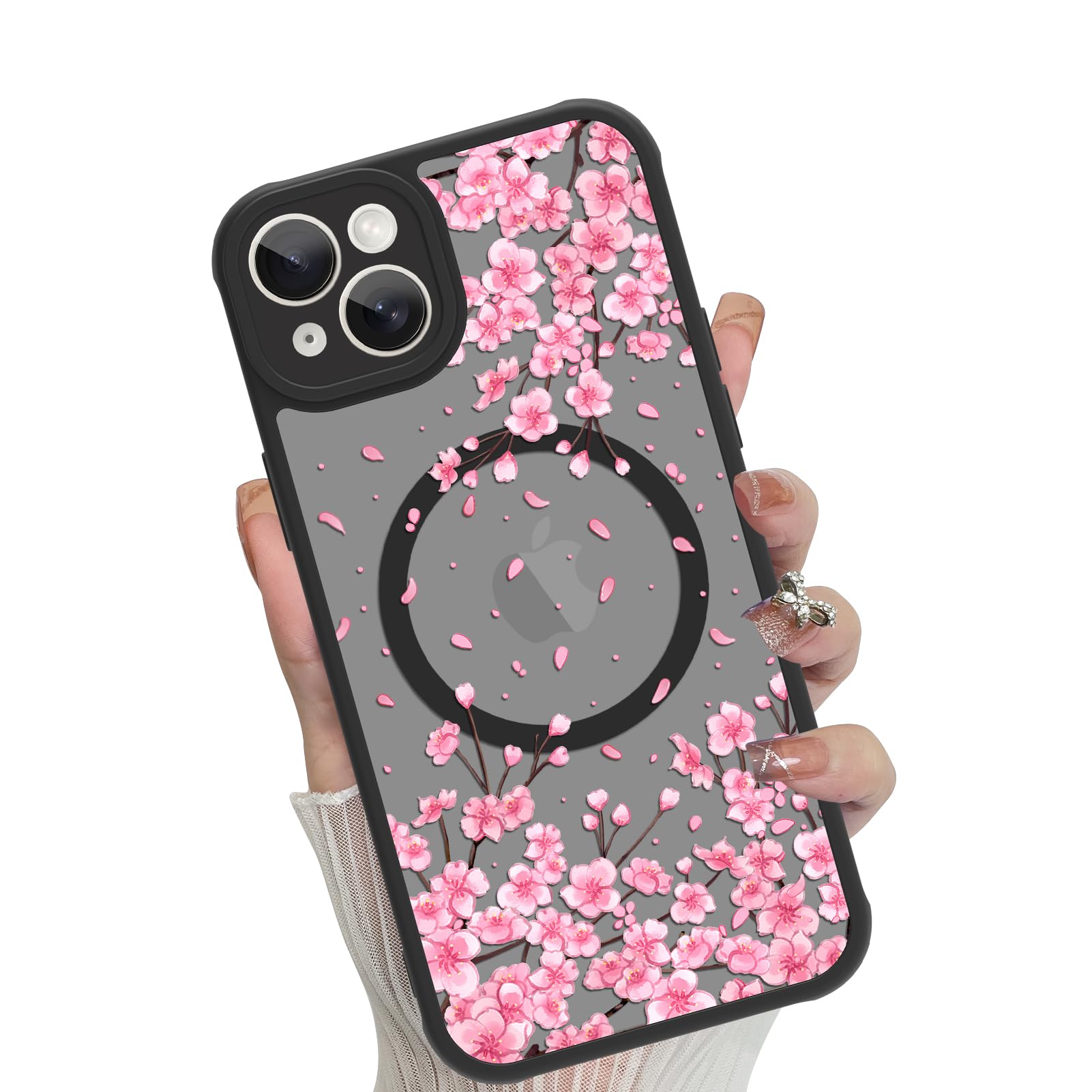 MOWIME Magnetic for iPhone 15 Plus case [Compatible with MagSafe] Cute Fashion Floral Translucent Matte Hard Back Shockproof Anti-Scratch Phone Case-Pink Flower
