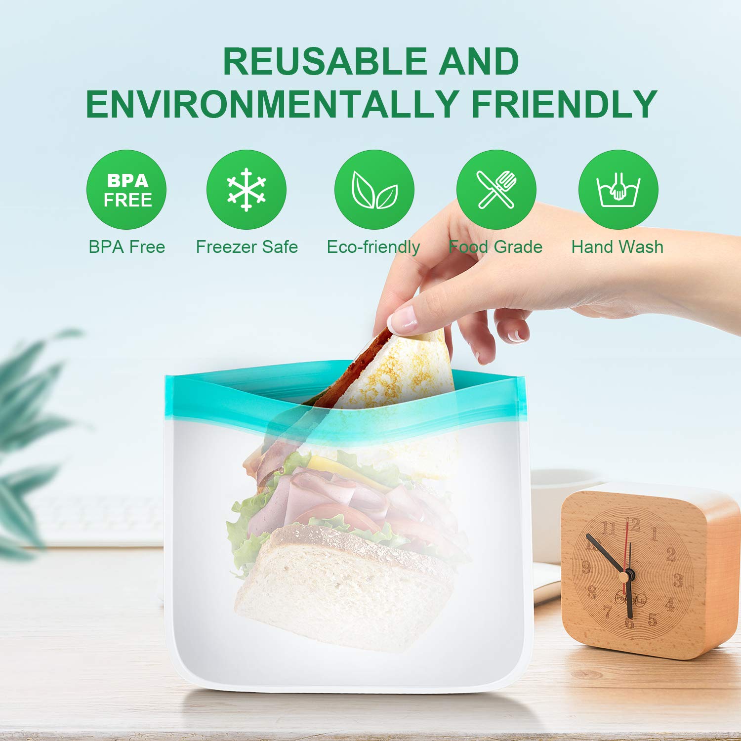 bedee Reusable Food Storage Bags - 8 Pack Extra Thick Ziplock Bags Leakproof Reusable Sandwich Bags - FDA Grade PEVA Snack & Lunch Bags for Kids Snacks, Fruit, Travel, Home Organization