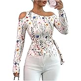 OYOANGLE Women's Floral Long Sleeve Cold Shoulder T Shirt Elegant Asymmetrical Hem Going Out Top