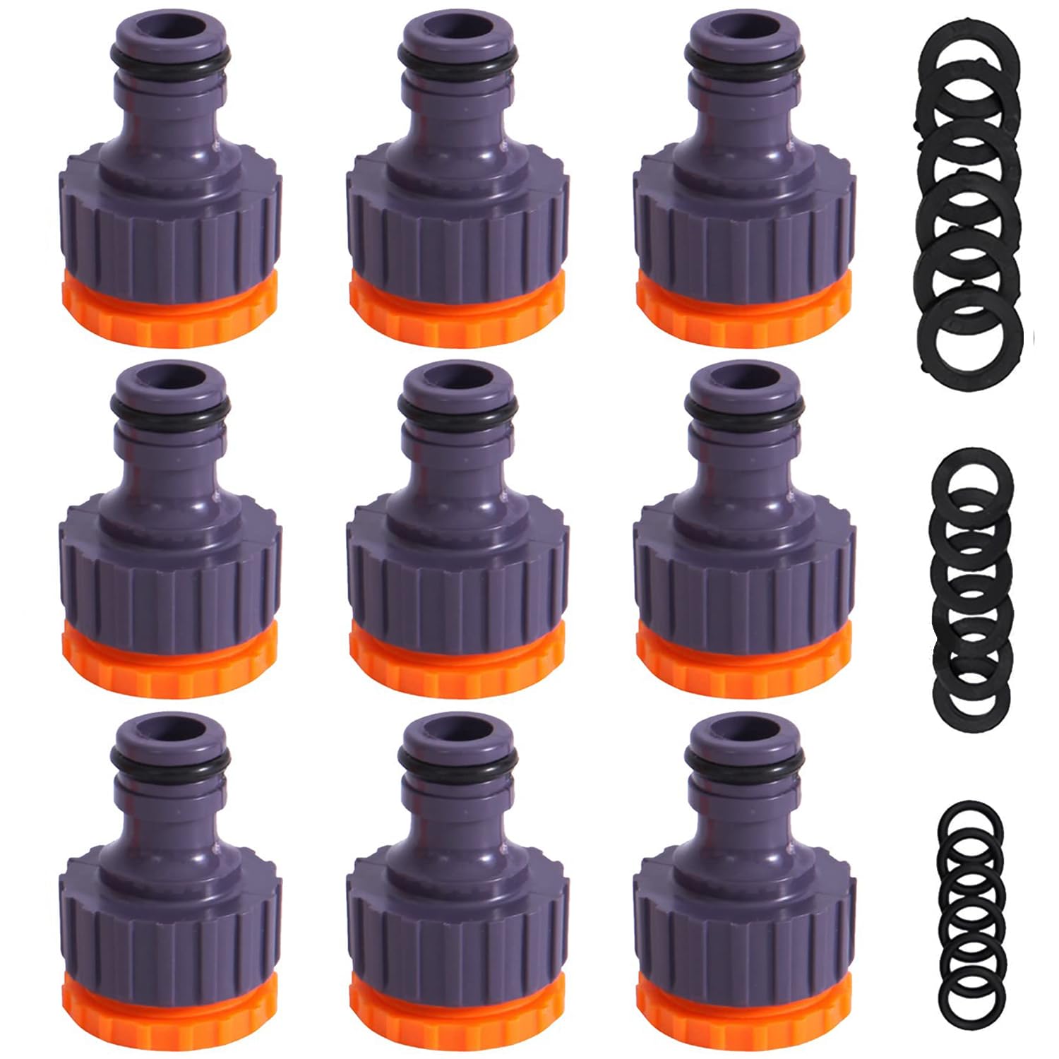 Miyobing 9 Pack 3/4 inch and 1/2 inch BSP 2in1 Plastic Outdoor Graden Hose Tap Connector Threaded Faucet Adapter (Comes with 18pcs Replacing Seals Washers)