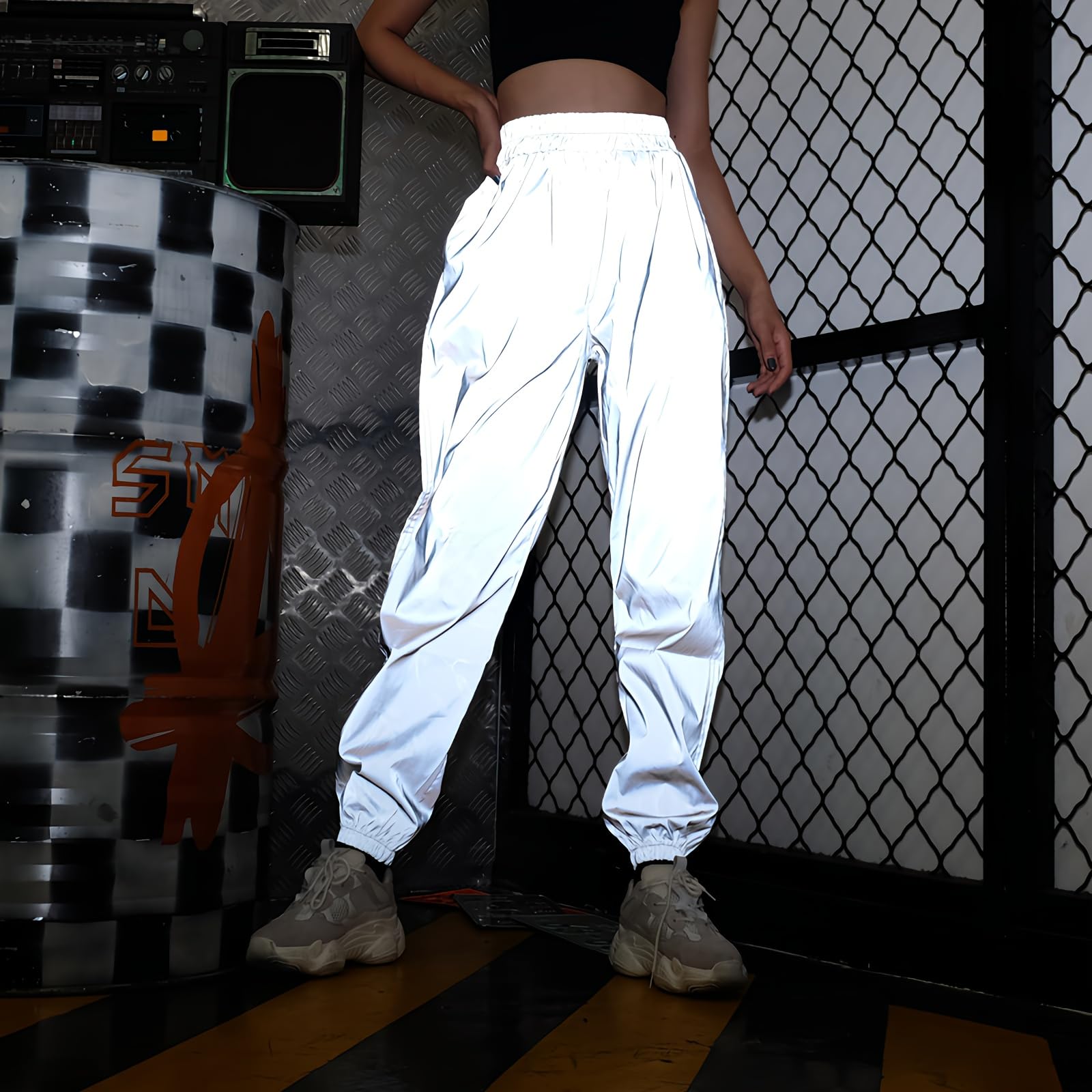 Reflective Pants Women Brand Hip Hop Dance Fluorescent Trousers Casual Harajuku Night Sporting Jogger Pants Gray