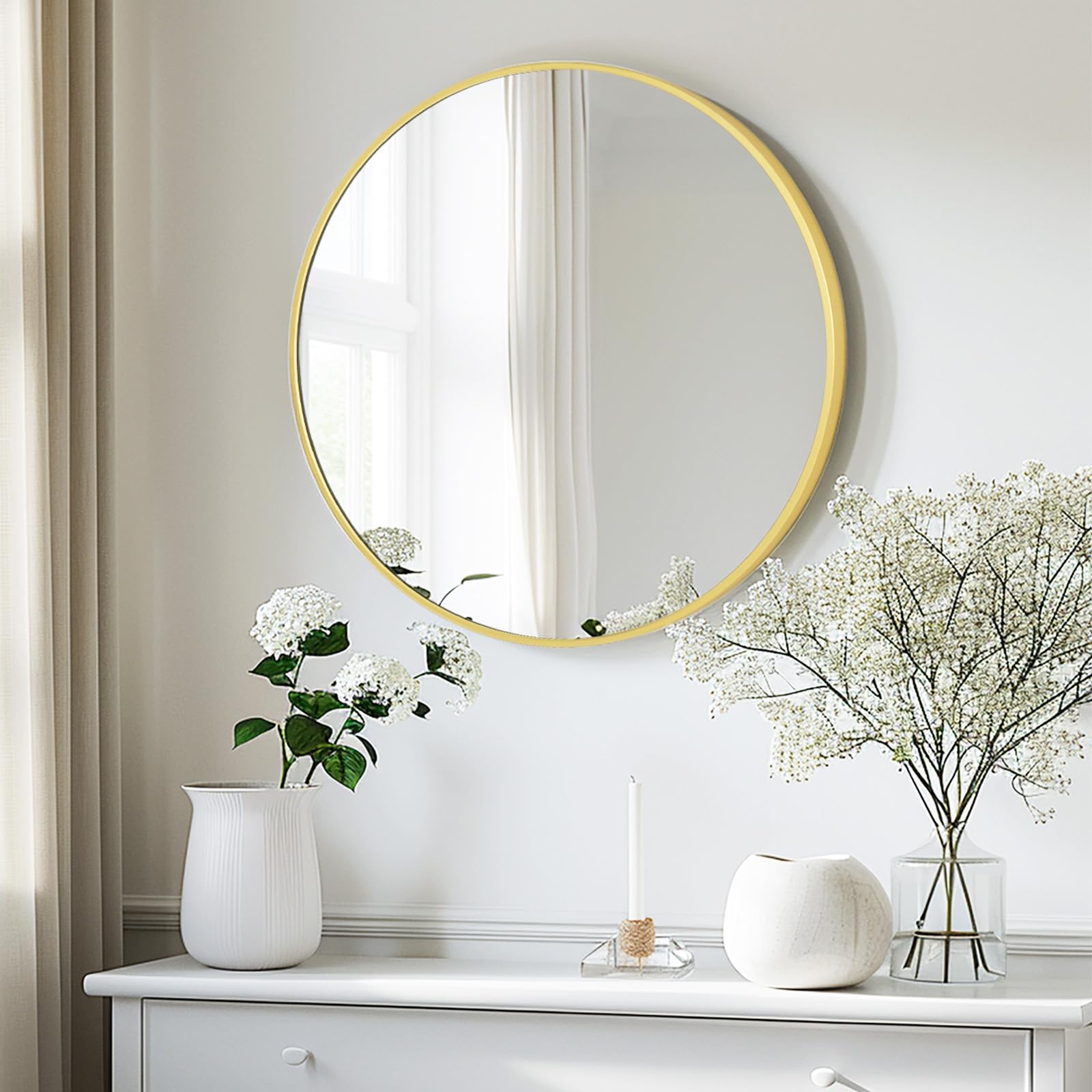 LunaMirror Round Wall Mirror 50x50 CM Circle Wall-Mounted Bathroom Vanity Mirror Stylish Black Aluminum Frame Home Decor Hanging for Bathroom Hallway Entrance Living Room Bedroom