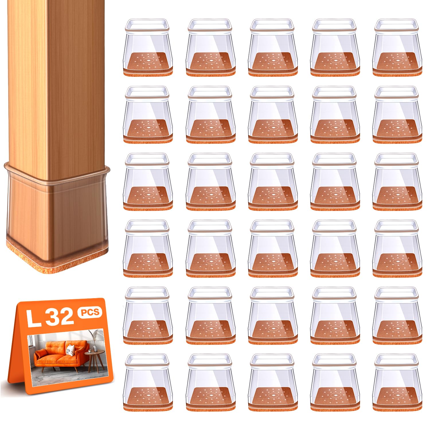 32 Pcs Square Chair Leg Floor Protectors for Hardwood Floors Clear Silicone Covers to Protect Wood Tile Floors Felt Pads Furniture Leg Caps(Fit:27-39mm)