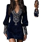Faux Suede Dress,Women’s Faux Suede Western Dress Long Sleeve V Neck Embroidered Cowgirl Style