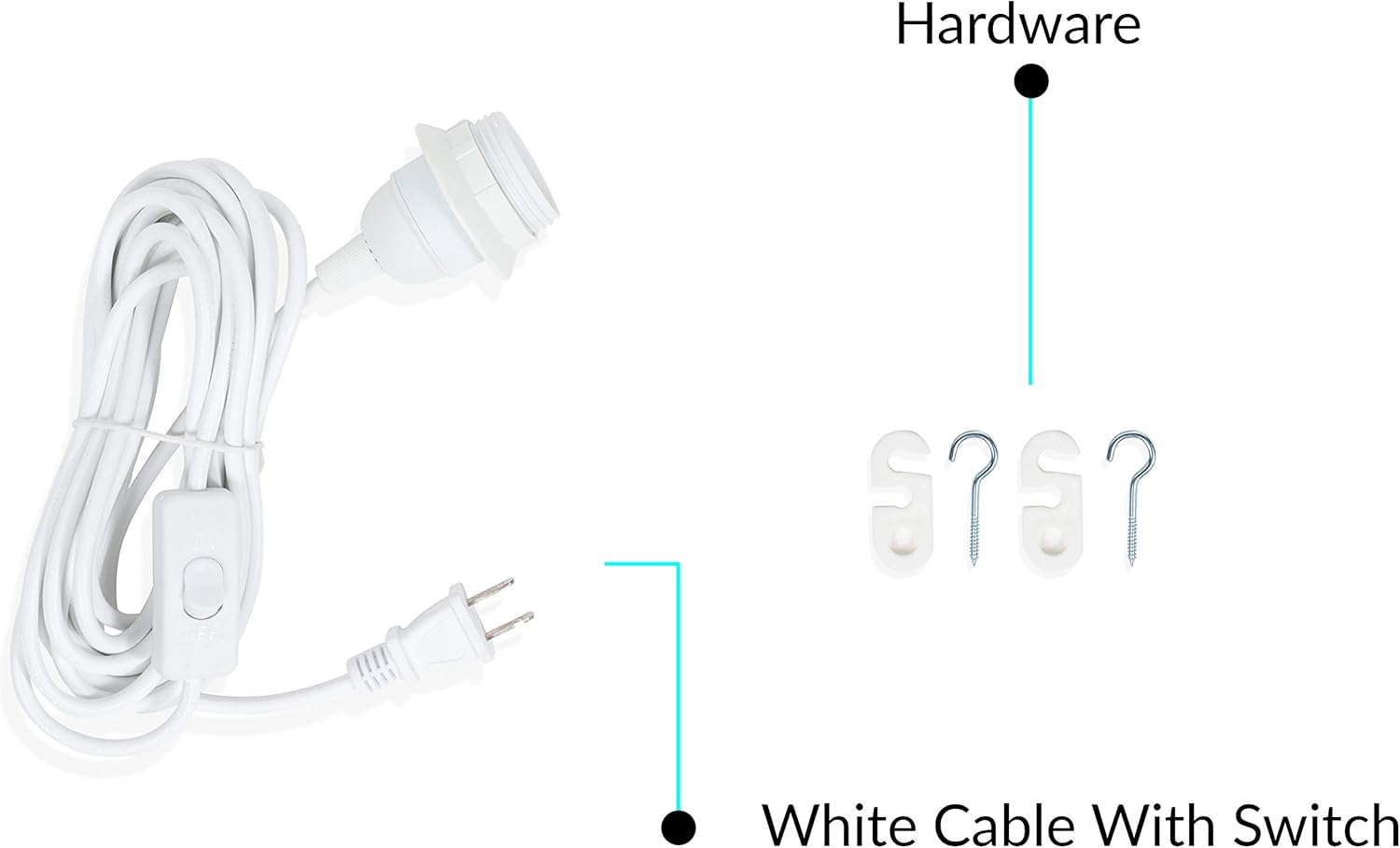 Wallniture Fiore 15 Feet Hanging Lantern Cord with On Off Switch, Room Decor for Pendant Light Bulbs White Socket Set - - 
