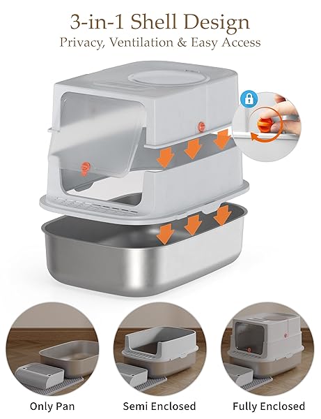 STAINLESS STEEL LITTER BOX WITH LID, EXTRA LARGE ENCLOSED CAT LITTER BOX FOR BIG CATS, ANTI-LEAKAGE METAL KITTY BOX WITH HIGH SIDED ENCLOSURE, SCOOP, PEDAL & NON-SLIP MAT, EASY TO CLEAN