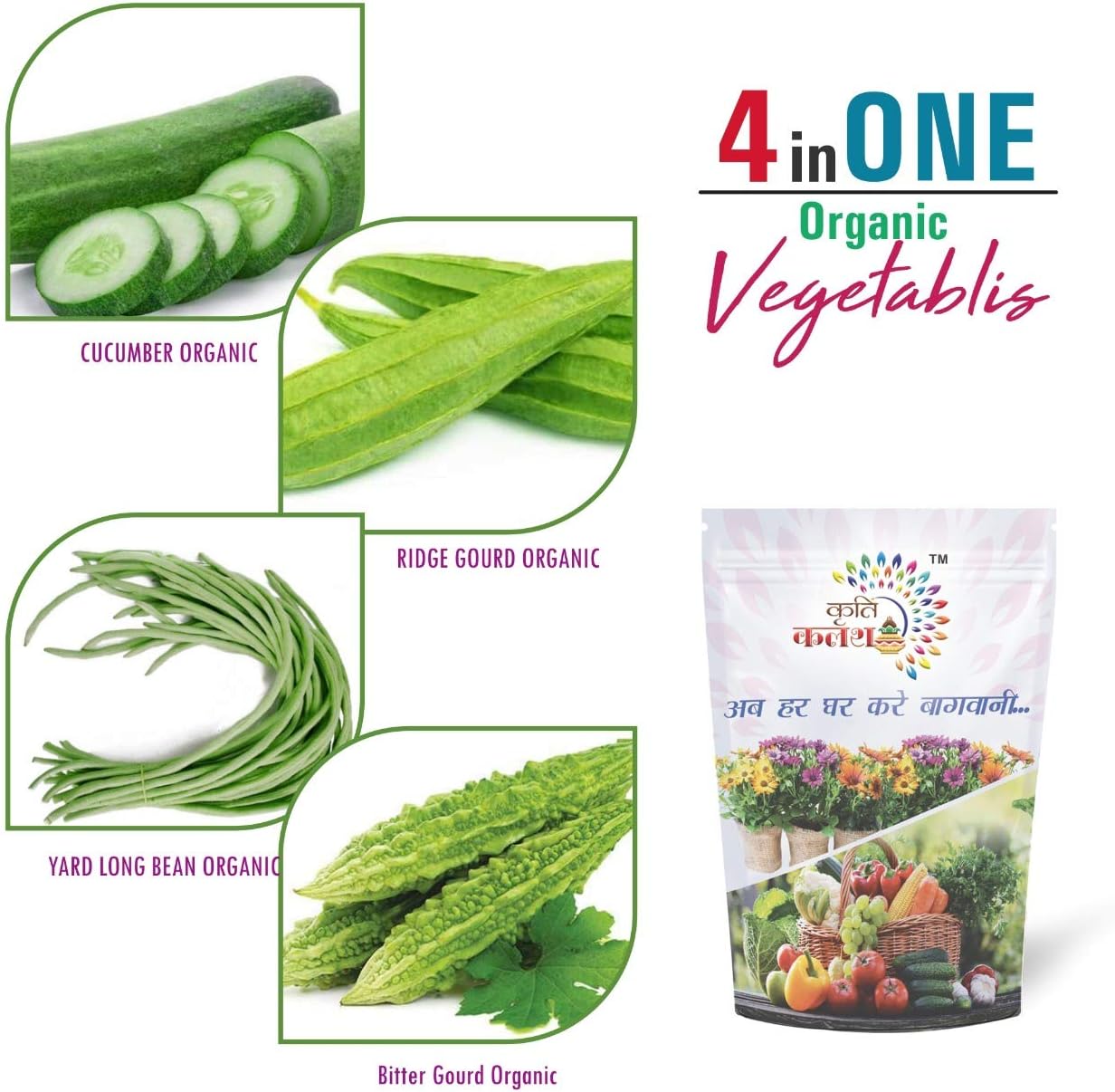 Kriti Kalash Organic 4 Variety Cucumber, Ridge and Bitter Gourd, Yard Long Bean Non Hybrid Seeds (75s)