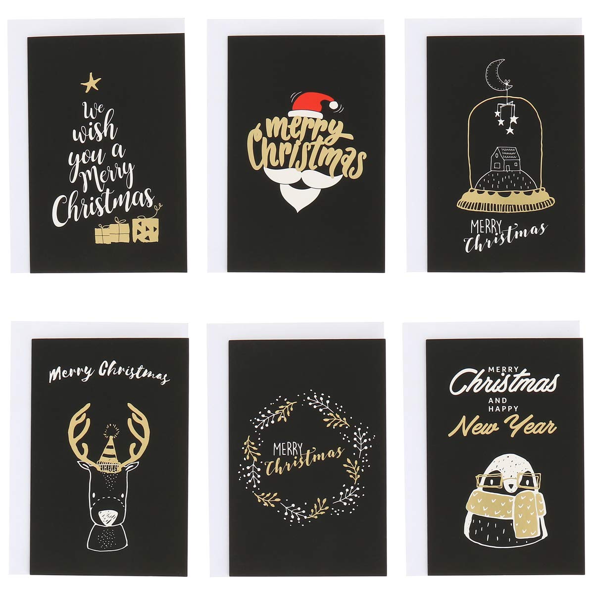Pack of 6 x Glossy Black and Gold Christmas Greeting Cards with White Envelope - Original Christmas Card Pack - Modern Design Santa Reindeer, Gift and Christmas Design to Write a Word