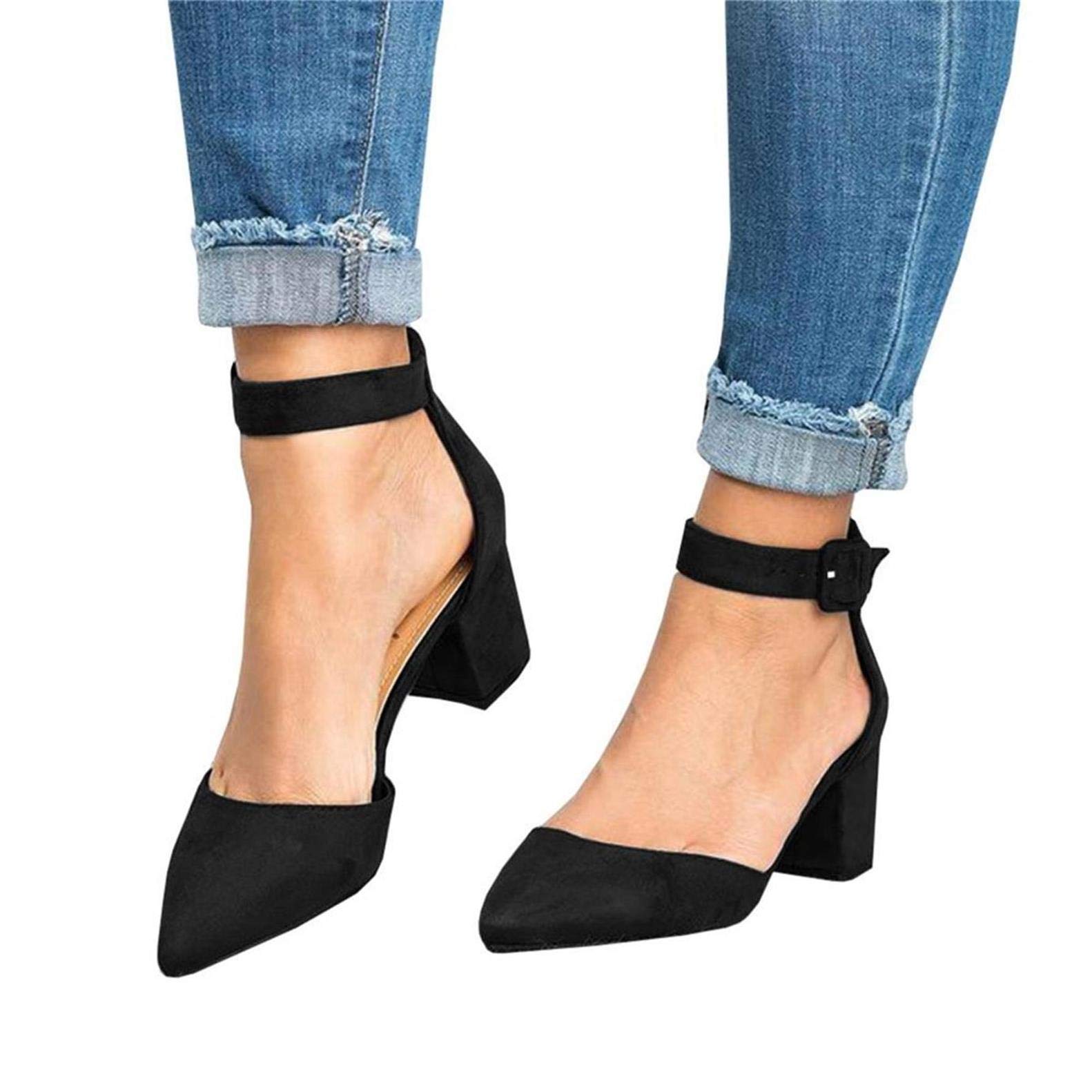 Damen Blockabsatz Mary Janes Schuhe Knöchelriemchen Wies Wildleder Pumps Mid Heel Geschlossener Zeh Sommerschuhe, Schwarz, 38 EU