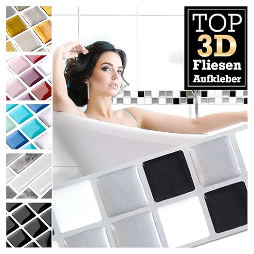 Grandora 7 Stück 25,3 x 3,7 cm schwarz weiß Silber Fliesenaufkleber Design 16 I 3D Mosaik Fliesenfolie Küche Bad Wandaufklebe