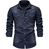 Eisctnd Men's Denim Button Down Shirt Classic Fit Long Sleeve Jean Work Shirts with 2 Pockets
