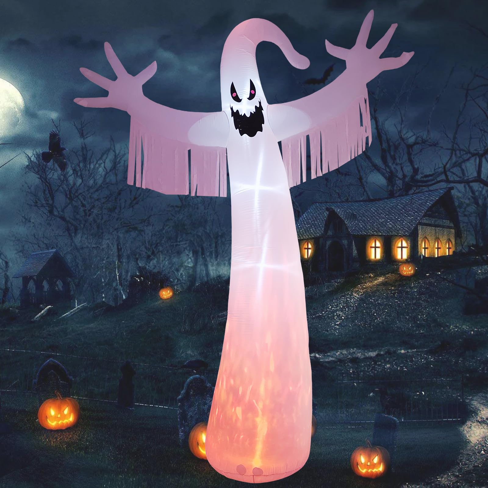 Photo 1 of 12FT Halloween Inflatables Outdoor Decorations: Inflatable Ghost with Fire Flame and Blinking Red Eyes, Blow up Decor for Yard Garden Lawn Home Holiday Party