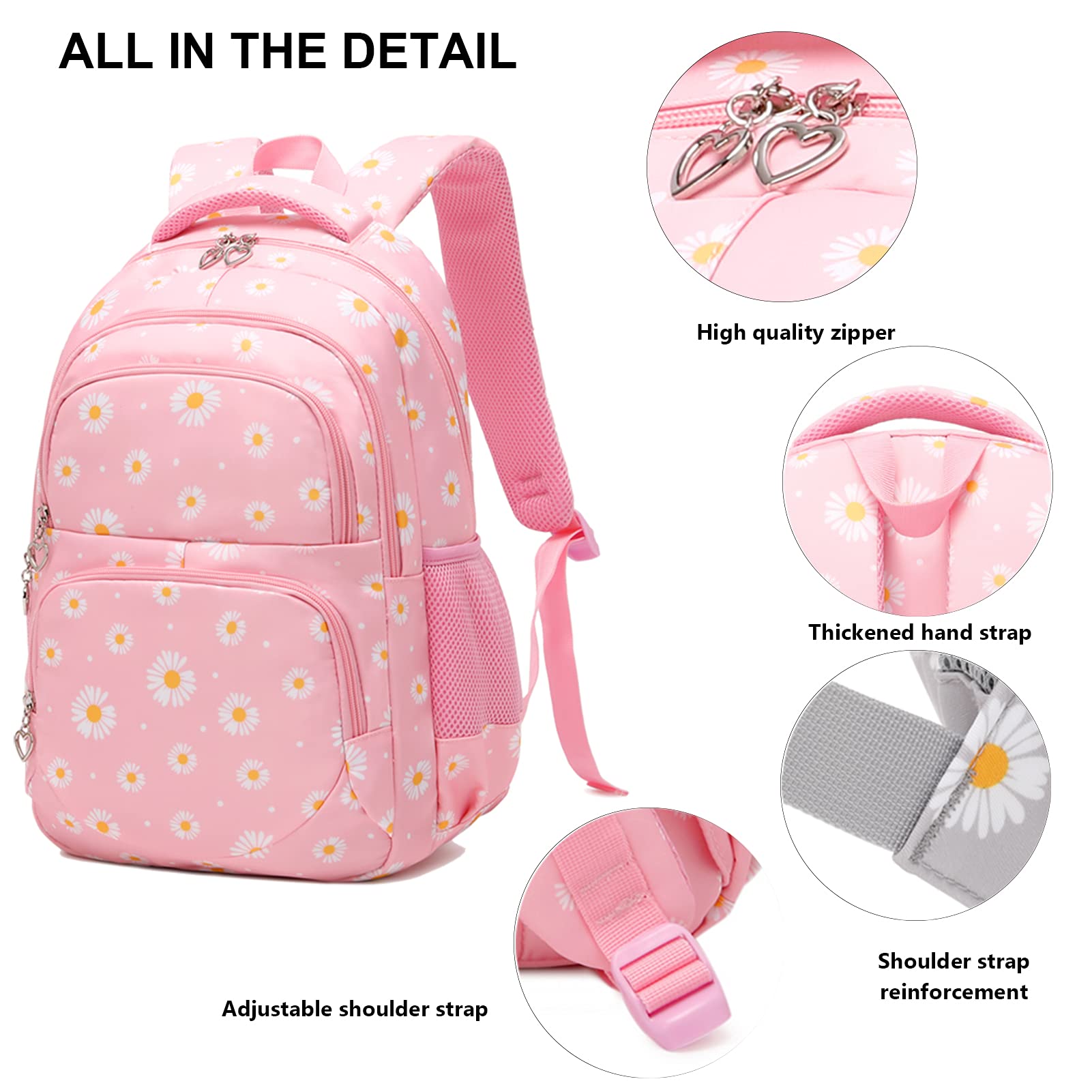 goldwheat Daisy Printed Backpacks With Lunch Pack Pencil Case 3pcs, Lightweight Water Resistant Bookbag For Middle School