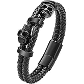 Stainless Steel Double Skull Bracelets - Mens Genuine Leather Punk Skeleton - Cuff Gothic Jewelry