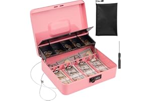 Polspag Cash Box with Combination Lock, Locking Cash Boxes with Security Cable & Coin Tray, Deluxe Metal Money Box,Large Locking Cash Box, Pink