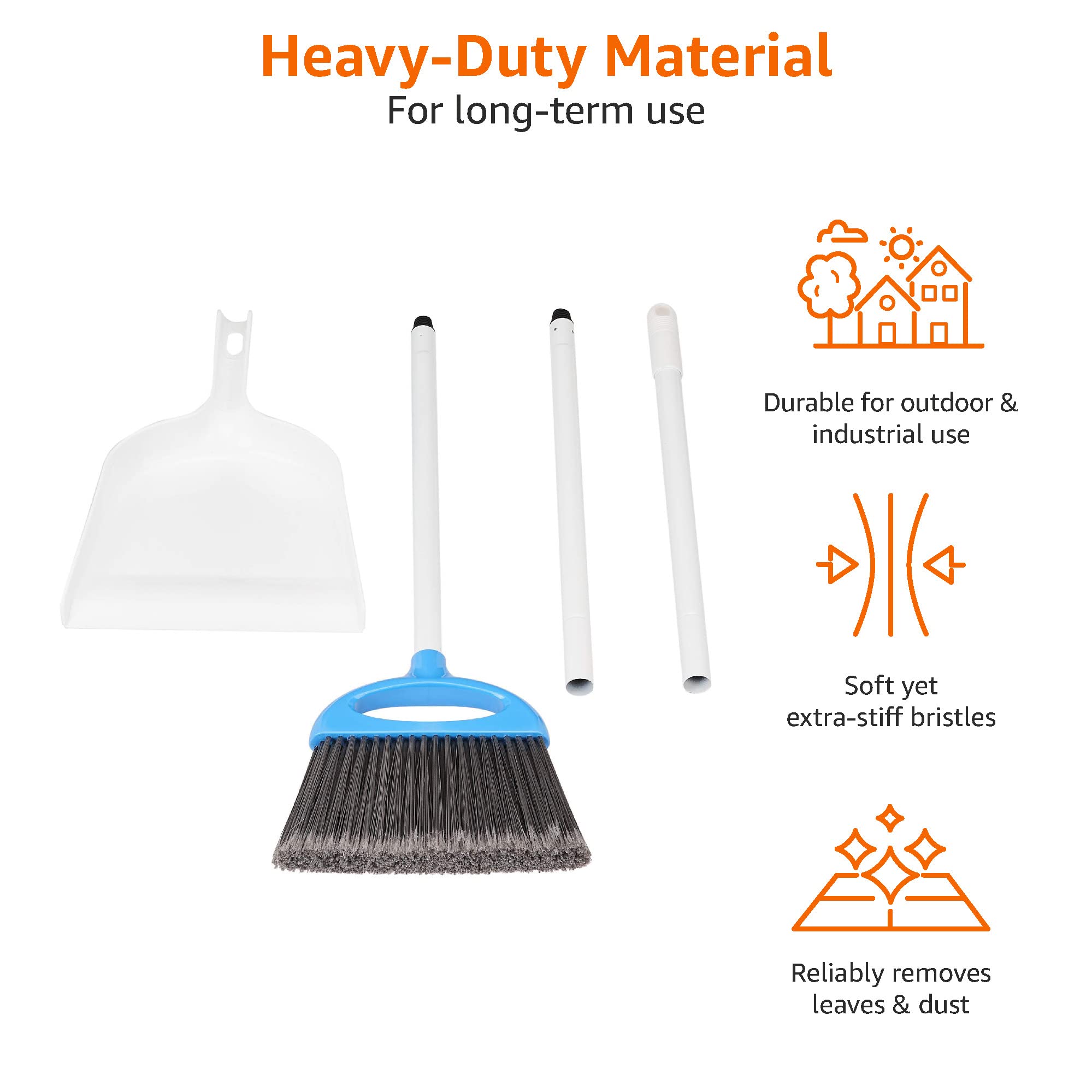 Amazon Basics Dustpan Broom Set with Easy Assembly and Long Handle, Blue and White