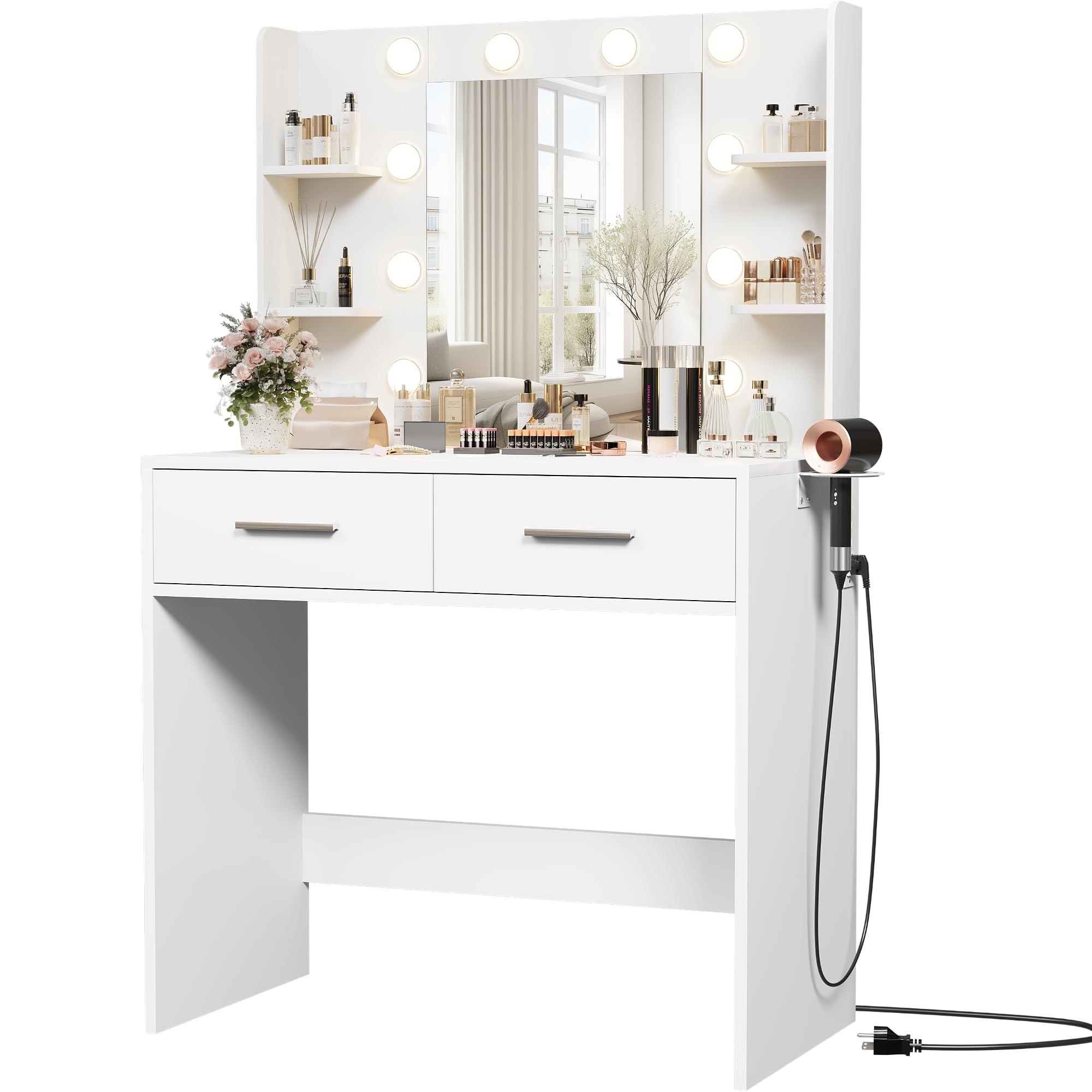 Photo 1 of ** missing mirror **Furmax Make up Vanity Desk with Mirror and Power Outlet, Vanity with 3 Color Light Options Adjustable Brightness,Vanity Desk with 2 Drawers, 6 Storage Shelves (White, No Bench)