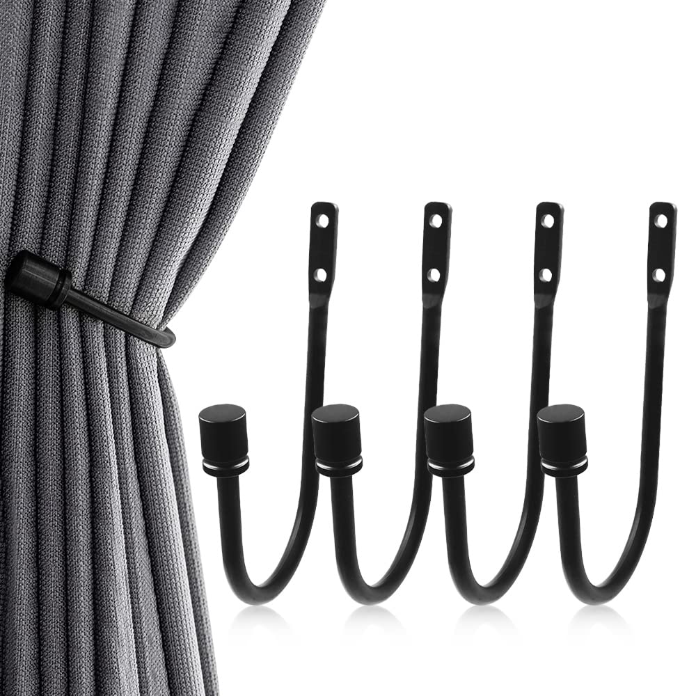 4 Pieces Metal Curtain Tiebacks, Black Curtain Holdbacks, Decorative Drapery Hooks, Arms Wall Mounted Curtain Tie Backs
