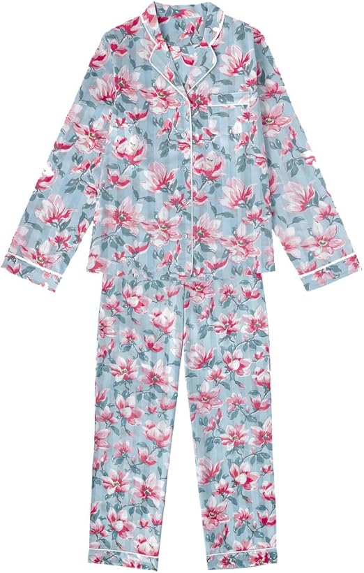 Cath Kidston Women's Magnolia Cotton Satin Long Pyjama Set Pale Blue