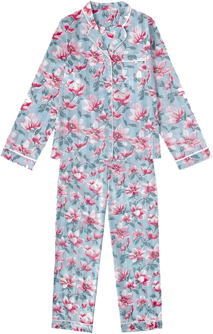 Cath Kidston Women's Magnolia Cotton Satin Long Pyjama Set Pale Blue
