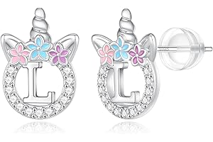 BRIJEWLIC 925 Sterling Silver Unicorn Earrings, 14K Gold/Rose Gold/Silver/Unicorn Earrings for Girls Kids Toddler Little Girls Hypoallergenic Letter Initial Earrings for Girls Christmas Gifts