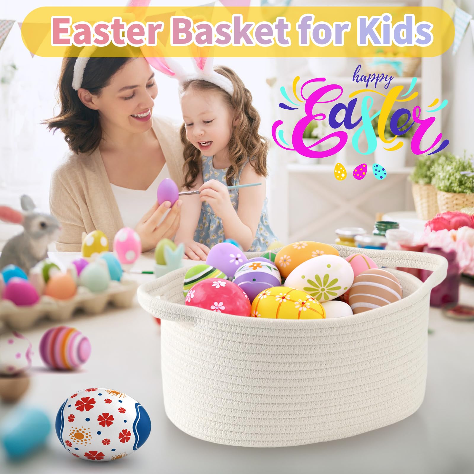 Cute Woven Storage Basket with Handle, Baskets for Gifts Empty, Gift Baskets for Birthday Baby Shower Raffle Burr Fundraiser, Decorative Organizer Box for Baby Toy Pet, 13