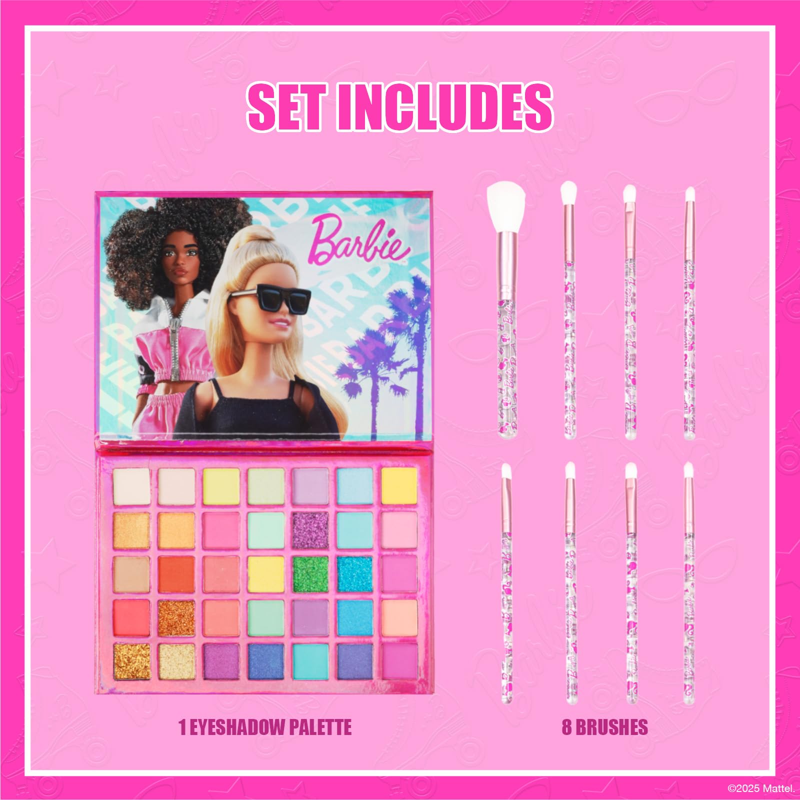 Townley Girl Barbie 35-Well Shadow Palette, Shimmery and Opaque Colors, Pigmented Blendable, 8 Application Brushes Ages 8+, Perfect for Parties, Sleepovers & Makeovers, By Townley Girl