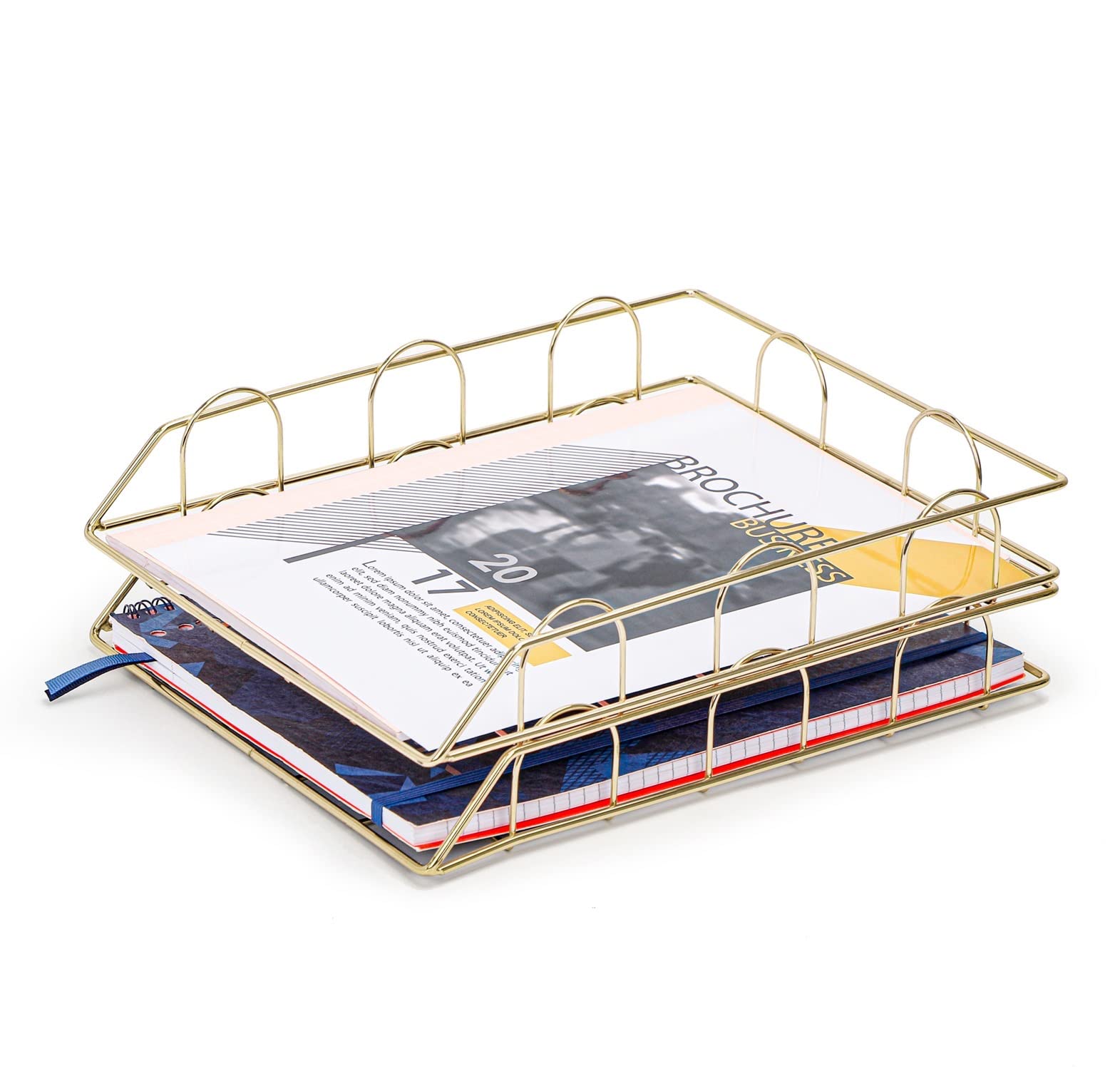 Exerz Letter Trays 2pcs Stackable Paper Sorter/Desk Organiser/File Holder - Wire Metal Golden Colour