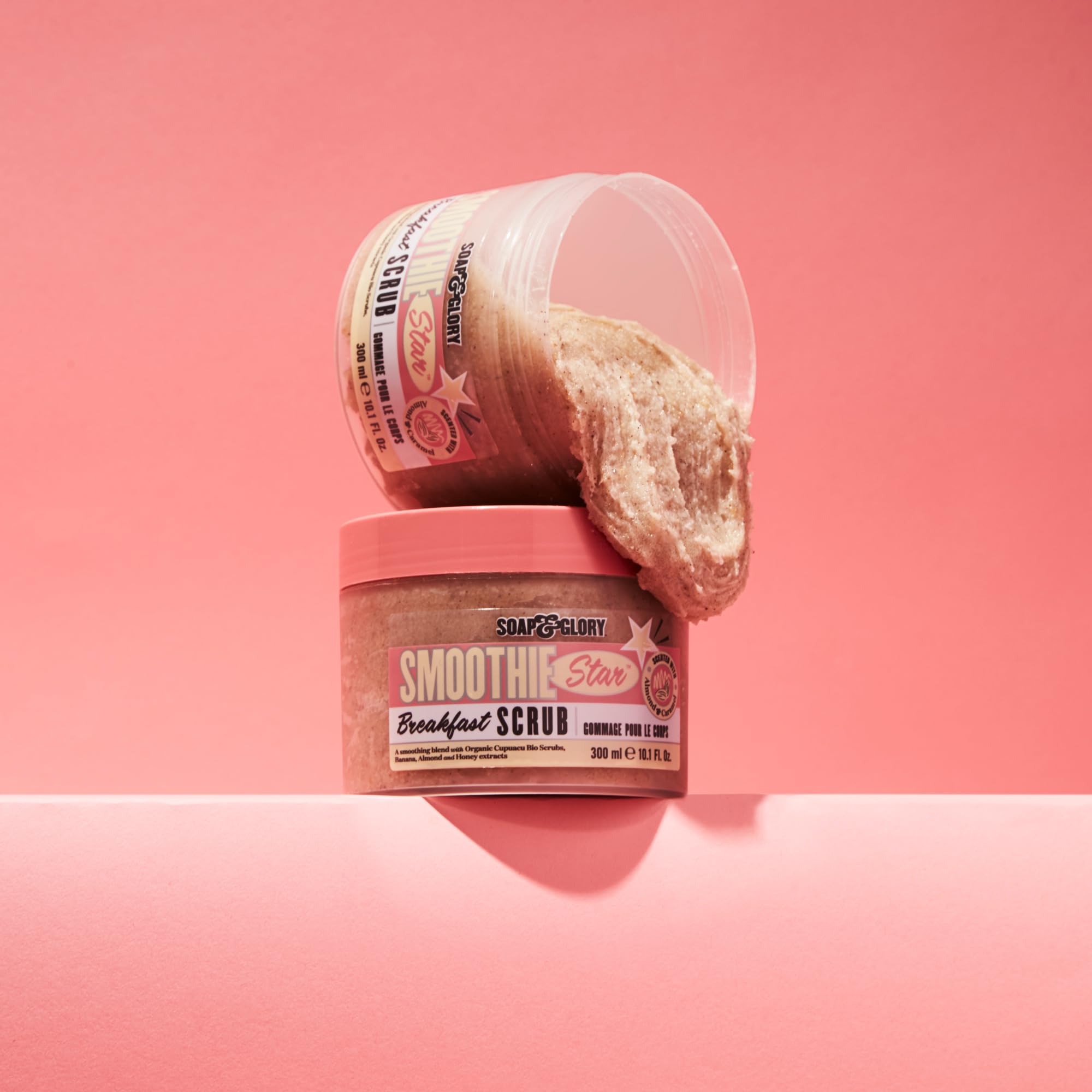 Soap & Glory Smoothie Star Exfoliating Body Scrub - Buff & Smooth Skin - Almond & Caramel Scented Vegan Body Polish - Brightening Scrub with Honey Extract + Sweet Almond Oil (300ml)