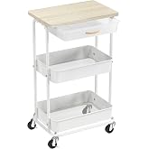 Simple Houseware 3-Tier Rolling Utility Cart with Drawer &amp; Wood Top, Maple | Mobile Sofa Side Table, Nightstand, Slim Storage Organizer Trolley for Bedroom, Bathroom, Office &amp; Art Supplies