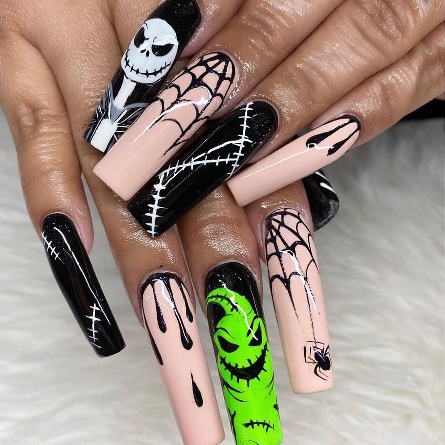 Halloween Press on Nails Long Coffin Spider Web Full Cover Fake Nails Nightmare Before Christmas Press on Nails Black Blood Stick on Nails Acrylic Nails for Women Men Girls
