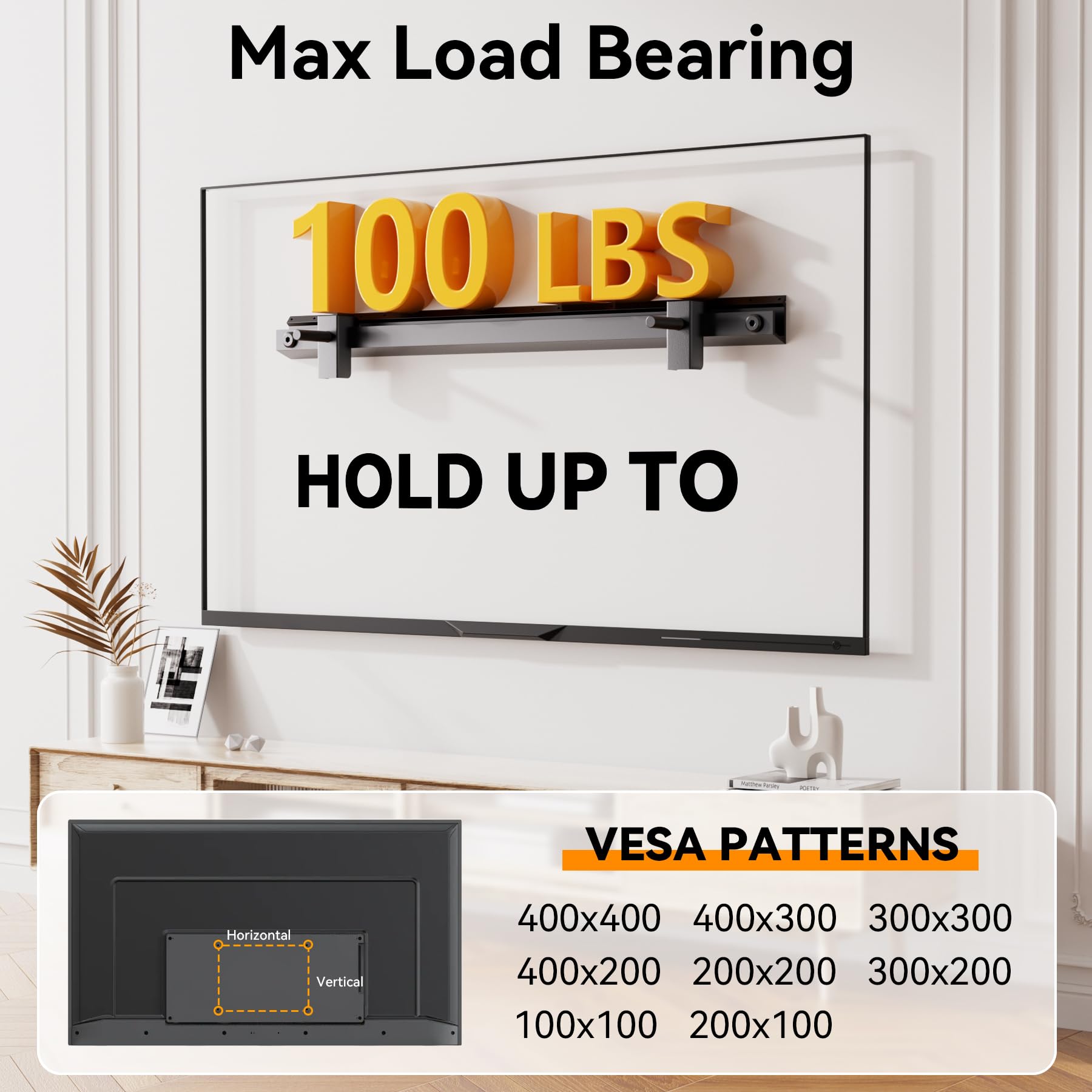 AENTGIU No Stud TV Wall Mount, Studless Drywall TV Mount for 22-55 inch TVs, Low Profile Tv Hanger Max Load 100 lb, No Drill, NO Anchors, Easy Install with All Hardware Included