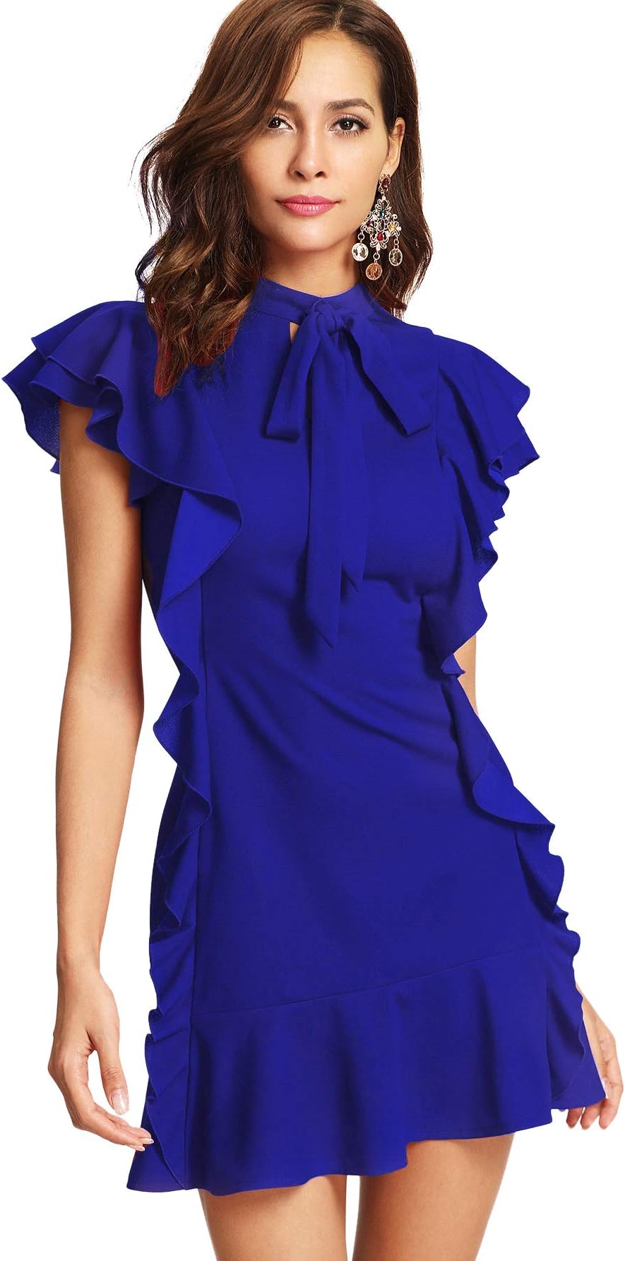 FloernsWomen's Tie Neck Short Sleeve Ruffle Hem Cocktail Party Dress