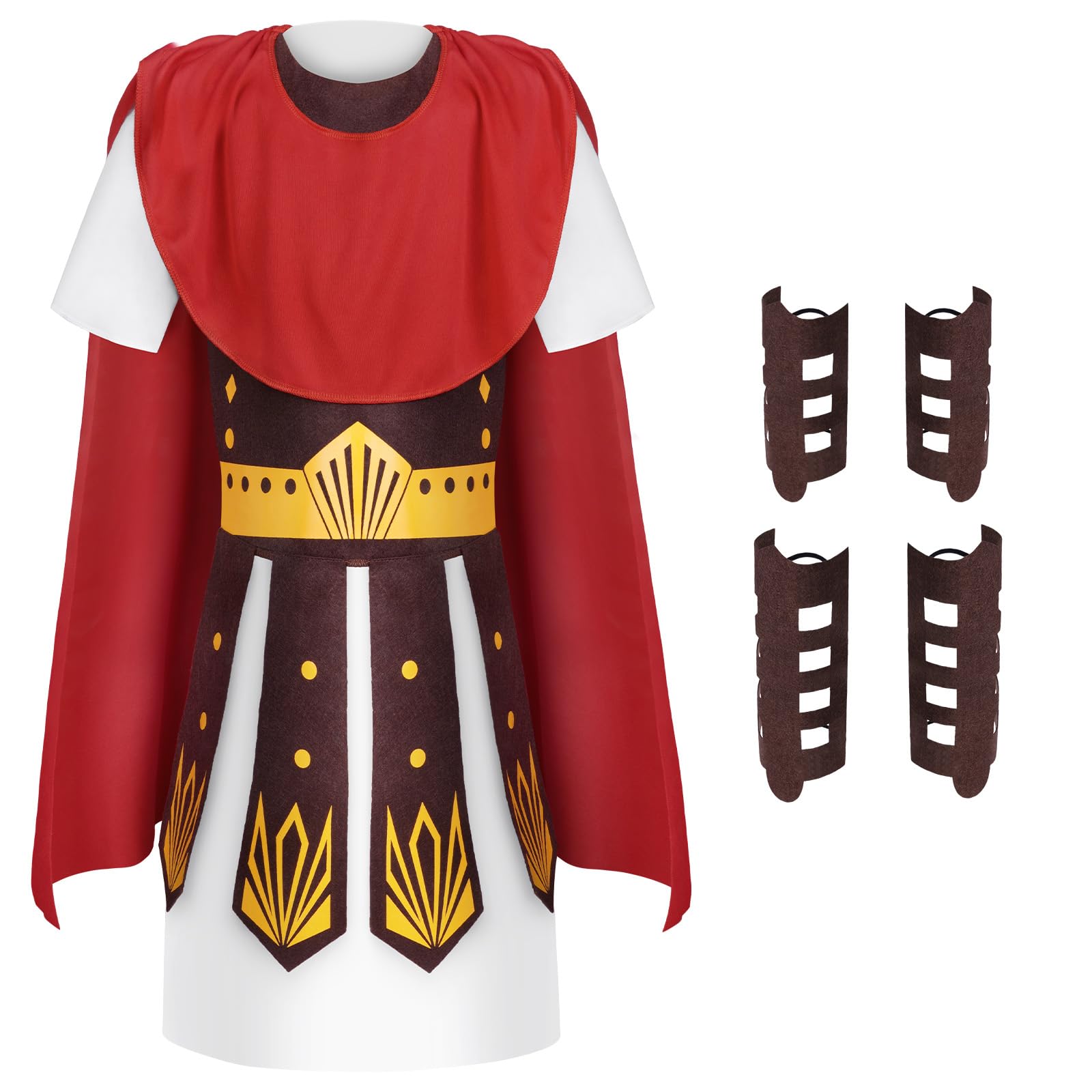 AYBUY Kids Roman Soldier Costume, Boys Roman Costume, Halloween Medieval Historical Theme Costumes, Armor Cape, White Shirt, Arm Guards, Leg Guards, Inflatable Samurai Prop (XL)
