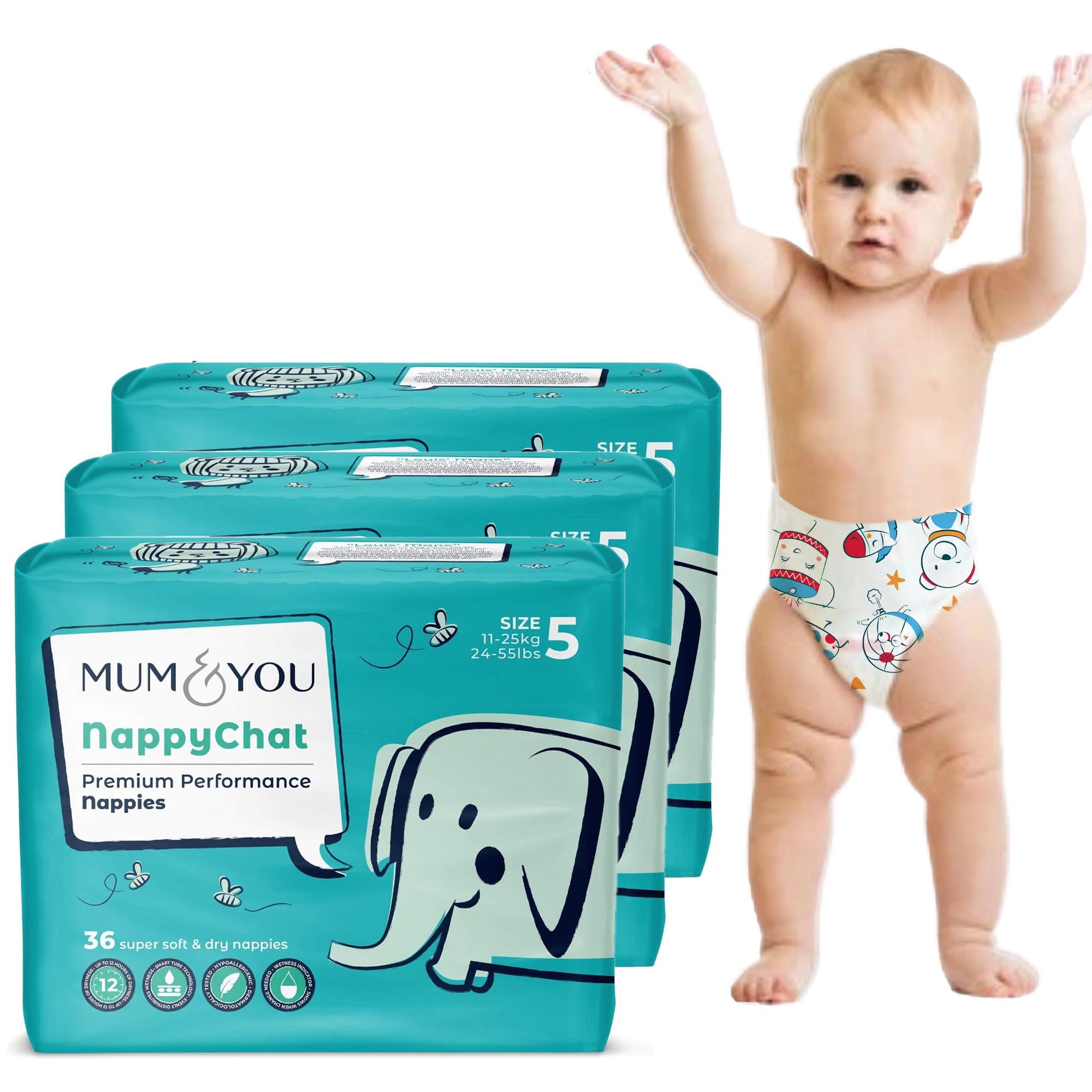 Mum & You Premium, Dry Baby Nappies | Size 5 (11-25 KG), 108 Count (3 Packs of 36) | Dermatologically Tested with 12-Hr Leak Protection with Wetness Indicator | Rash Free
