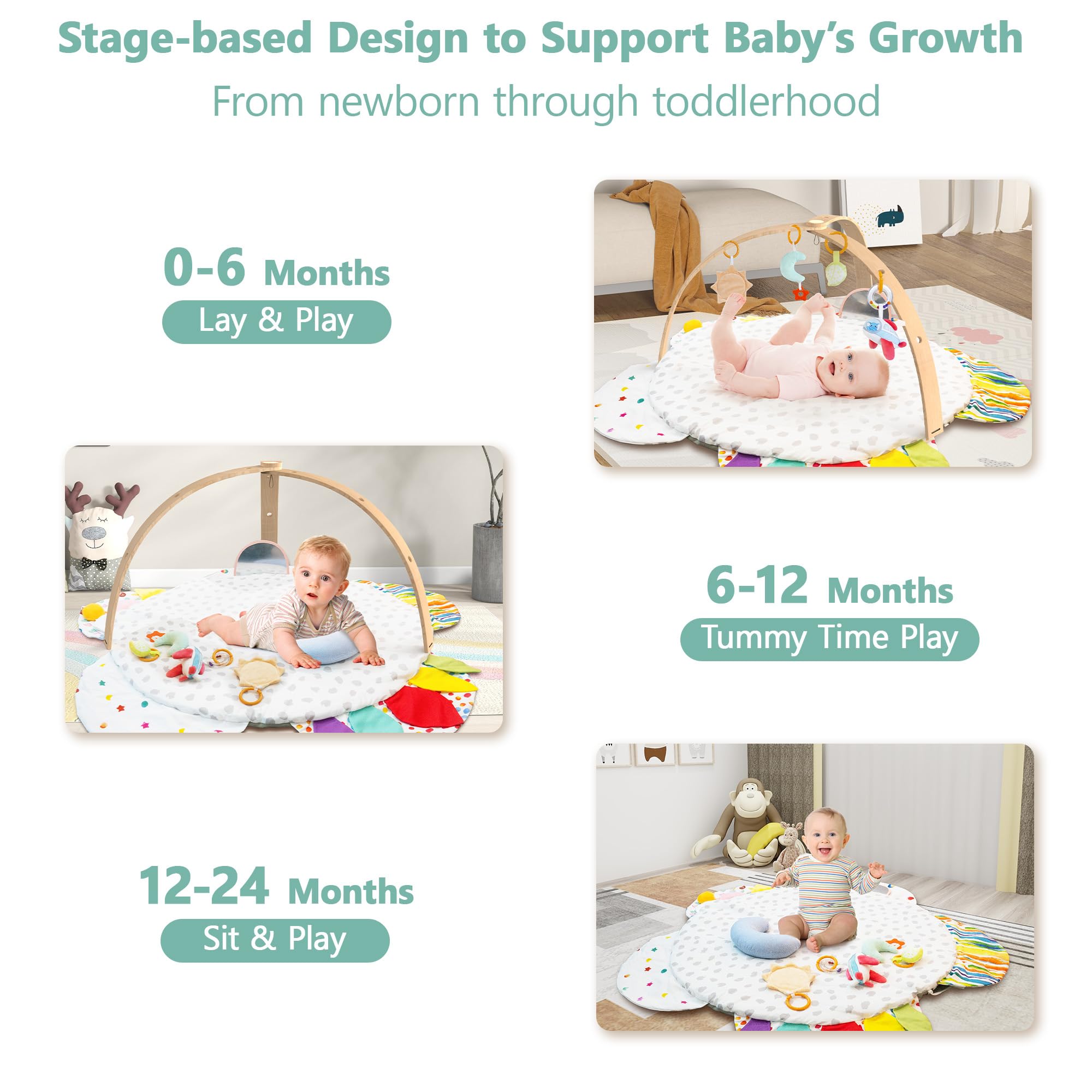 Baby Play Gym & Activity Mat | Stage-Based Developmental Activity Gym & Play Mat for Baby to Toddler, Wooden Tummy Time Mat with Detachable Sensory Toys, Baby Essentials Shower Gift | FSC-Certified