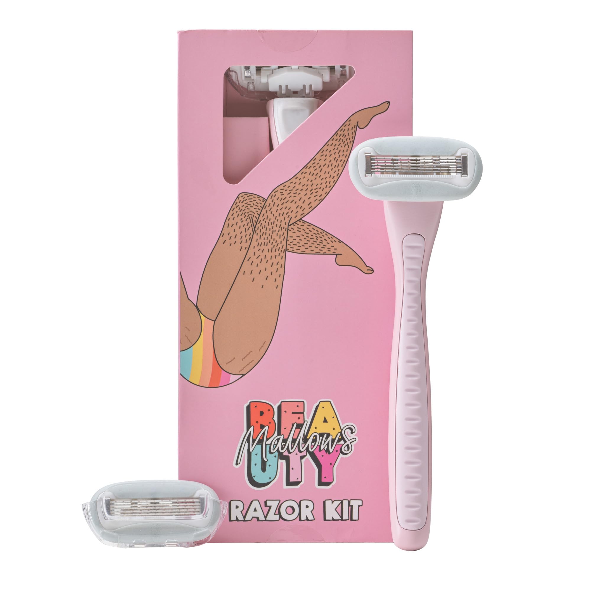 Mallows Beauty Razor Kit, Contains a Razor Handle and 2 Heads with Vegan Lubricating Strips, Aloe Vera and Vitamin E, Razors for Women, Pack of 2 (Razor Kit)