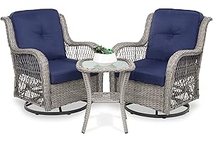 Best Choice Products 3-Piece Outdoor Wicker Patio Bistro Set w/ 2 360-Degree Swivel Rocking Chairs and Tempered Glass Top Side Table - Navy